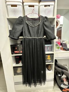 Black Midi Dress with Faux Pearl Accent