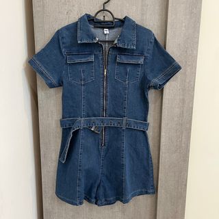 blue denim zipper collar short jumpsuit with belt