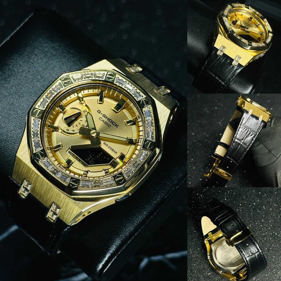 CasiOak GA 2100 in gold bezel with Baguette crystals leather