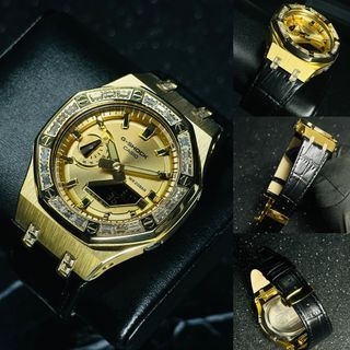 CasiOak GA-2100 in gold bezel with Baguette crystals , leather strap and scratch proof sapphire crystals glass , GA2100 , Metal CasiOak , Metal G-Shock