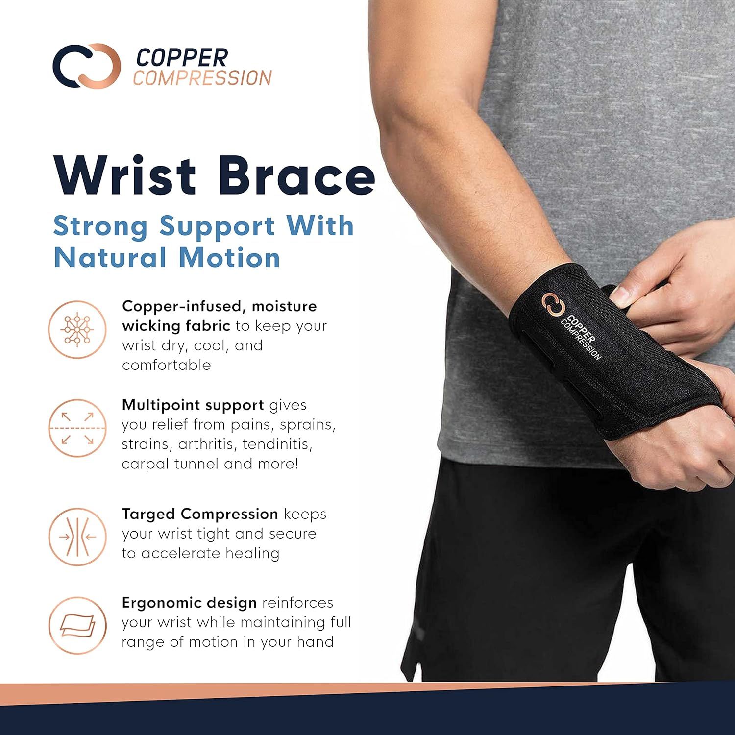 Copper Compression Recovery Wrist Brace - Copper Infused Adjustable Support  Splint for Pain, Carpal Tunnel, Arthritis, Tendonitis
