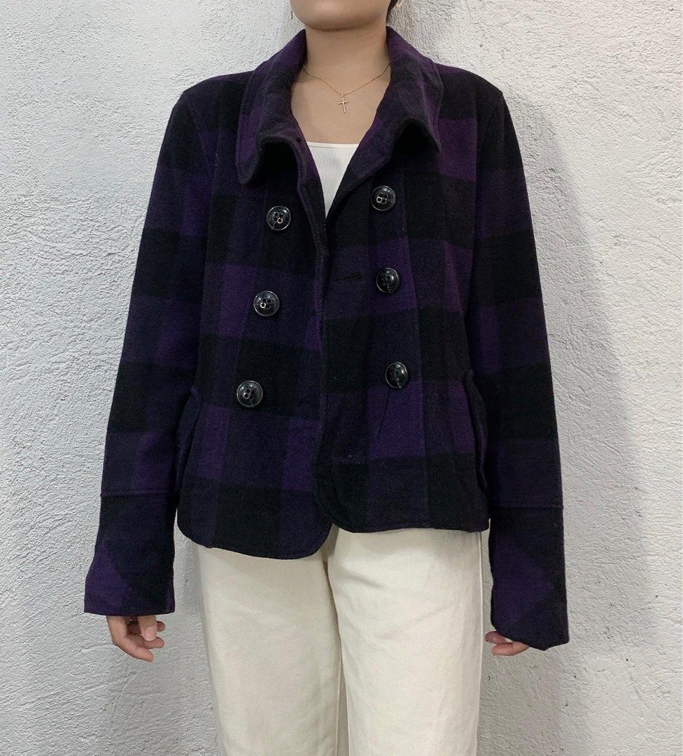 GUESS Purple Black Plaid Wool Coat Jacket Large