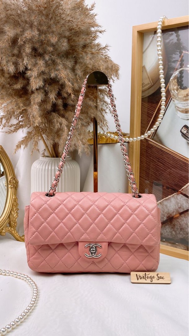 JZC7682 Pink Lambskin Quilted Medium Double Flap Bag SHW, Luxury