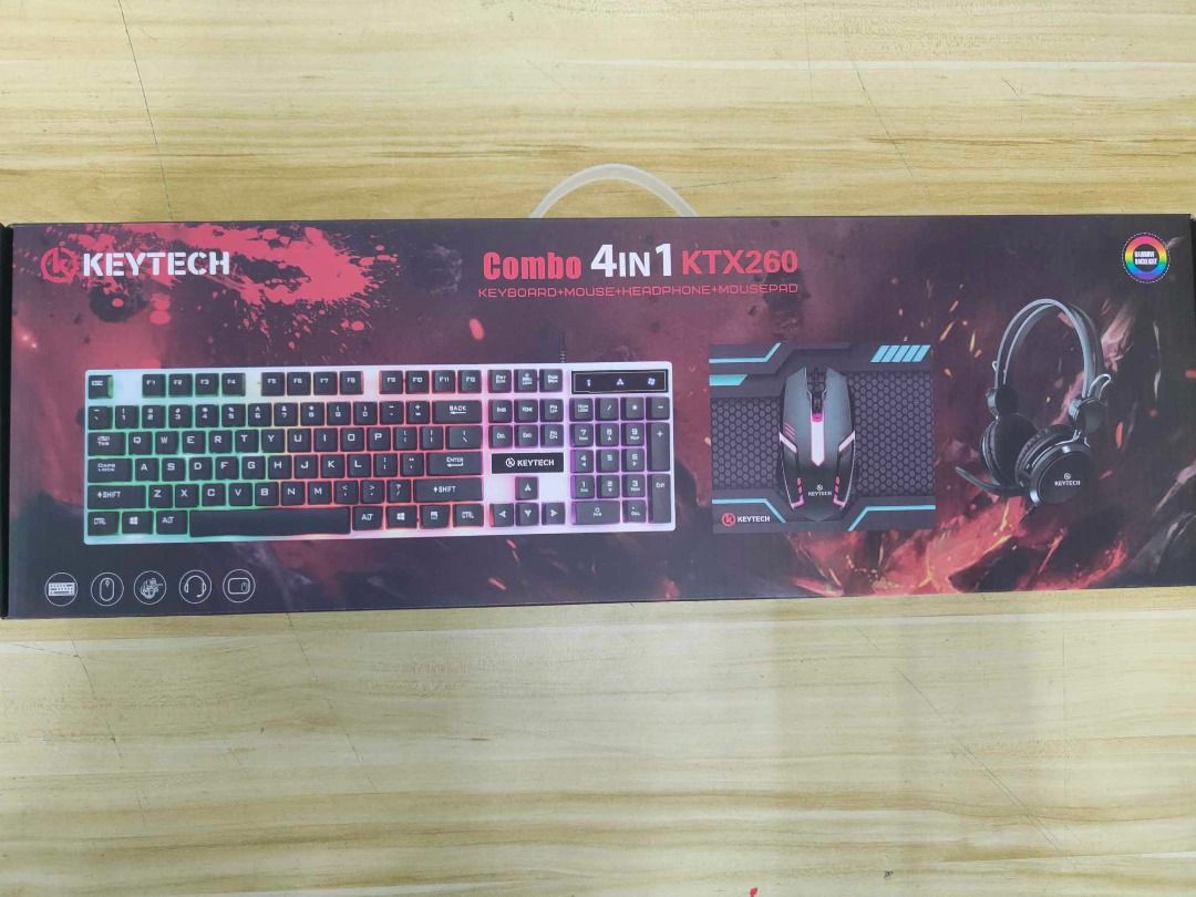 KEYTECH COMBO 4IN1 KTX260 KEYBOARD+MOUSE+HEADPHONE+MOUSEPAD (Category: Computer Keyboard) located in Quezon City. Submitted by jrkmenterprise (Listing ID 1257040665, Image 1). Description: KEYTECH COMBO 4IN1 KTX260 KEYBOARD+MOUSE+HEADPHONE+MOUSEPAD FUTURES: (KEYBOARD) •Interface mode: compatible with USB 1.1/2.0 interface •Rainbow light effect •A key turn on/off the backlight •Suspended game keycap •104 keys (MOUSE) •Interface mode: compatible wi