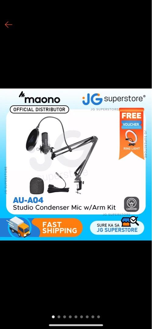 Maono AU-A04 omnidirectional microphone (Category: Microphones) located in Quezon City. Submitted by kyladeclutters (Listing ID 1257085761, Image 1). Description: Still in really good quality, might be a little dusty tho. Originally bought from JG Superstore RFS: don’t need it, I upgraded to a different mic. Box inclusions: ☑️condenser microphone ☑️type c to usb cable ☑️arm stand ☑️desktop mic stand ☑️pop filter ☑️foam windscreen filter (Pls lmk 