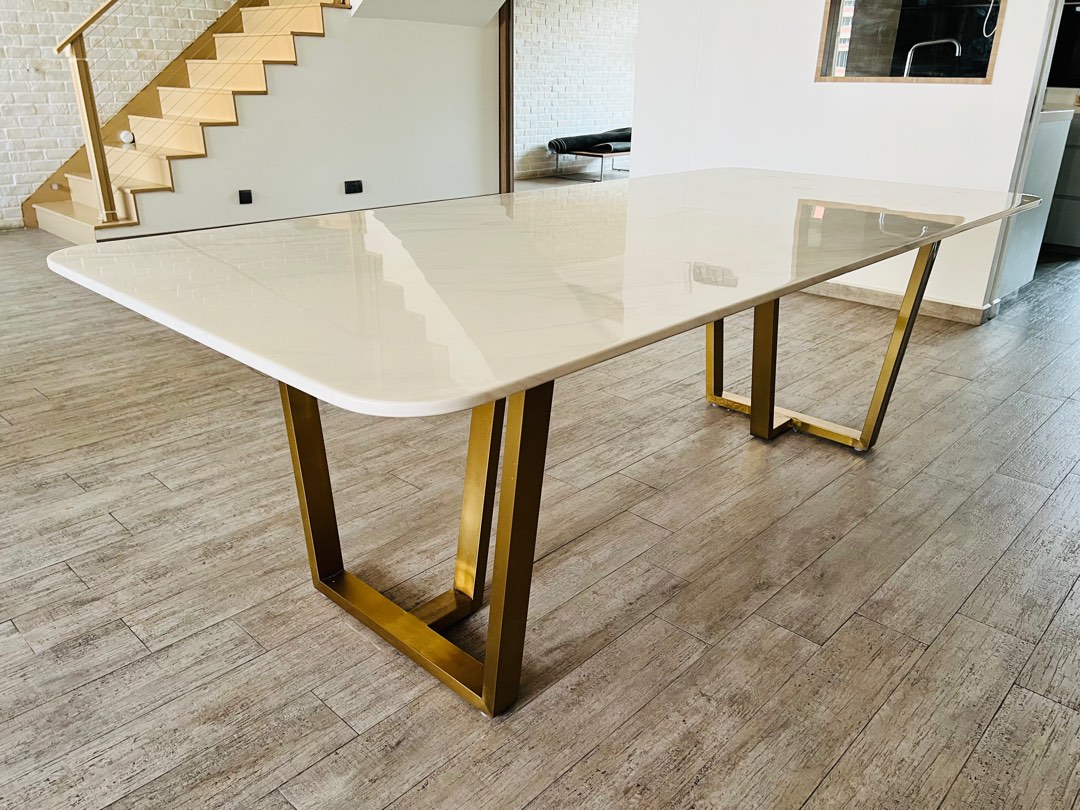 Marble dining table ( 2 metres long with gold legs with white & grey