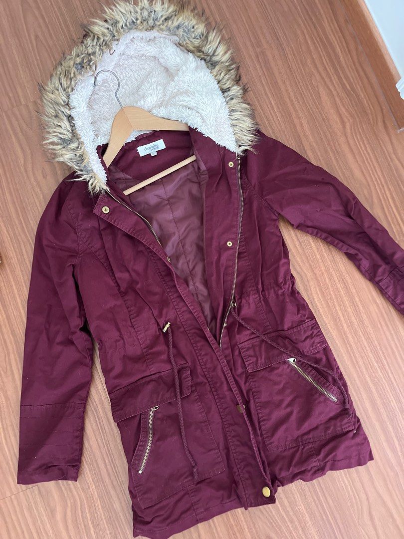 Maroon cold wear jacket with fur hood outerwear parka Women s