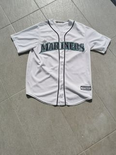 VINTAGE Seattle Mariners Jersey Mens 48 White Blue Center Logo Spellout  Russell