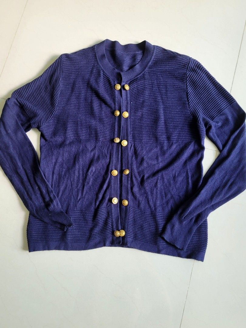 Navy gold button cardigan ribbed korean style Women s Fashion