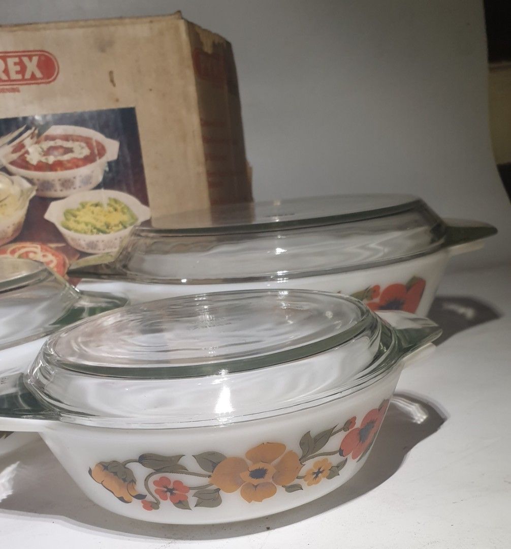 Pyrex 3 Set Jadul Mangkok Kaca Wadah Makanan Original Lawas Rare Vintage Retro New In Box Ingrid 8371