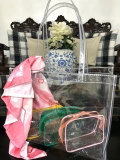 SALE ‼️ CLEAR BEACH BAG WITH 3 POUCHES AND PINK SCARF | BEACH ESSENTIALS  SET