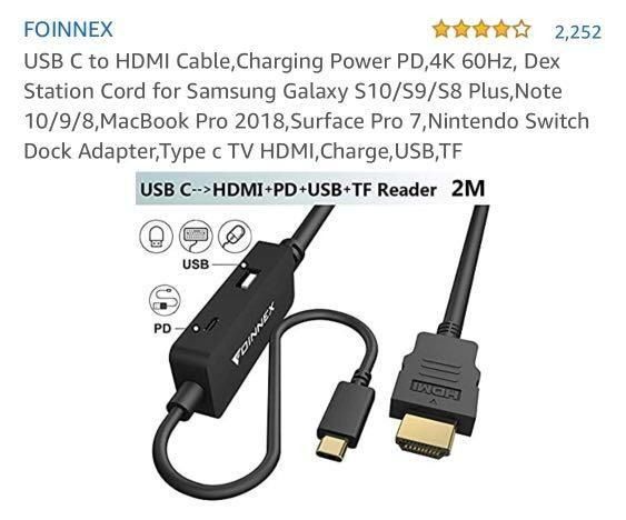 FOINNEX USB C to HDMI Cable Charging Power PD 4K 60Hz Dex Station