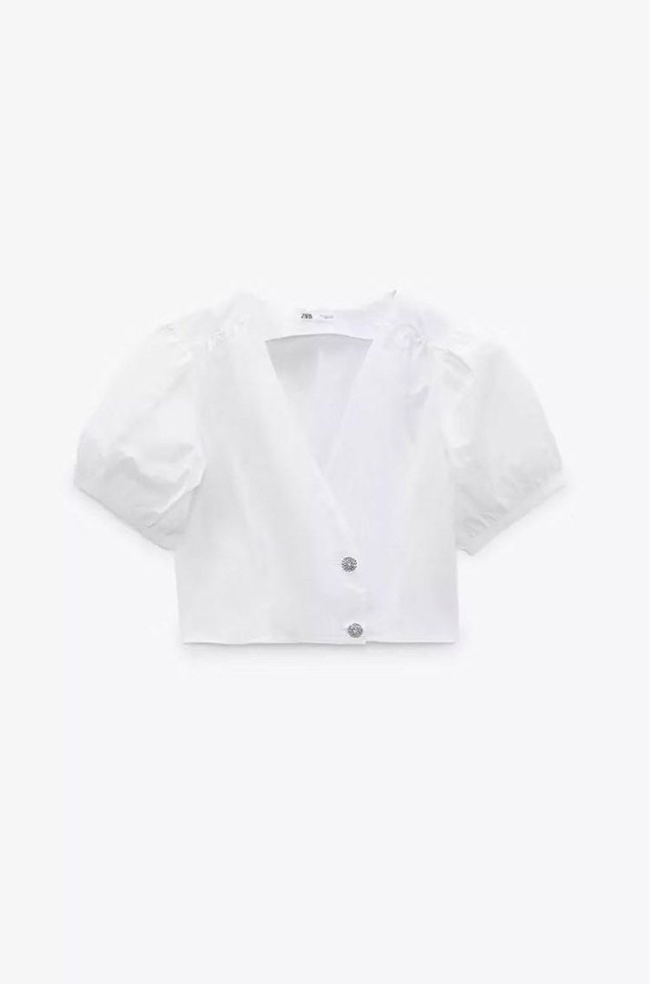 Zara white top crystal buttons (Category: Blouses) located in Quezon City. Submitted by katdcc (Listing ID 1257176208, Image 1). Description: Used once. Good as new. Very nice in actual..