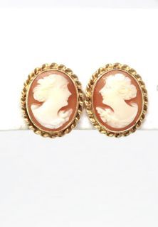 10K Solid Gold Shell Cameo Earrings from 1940s