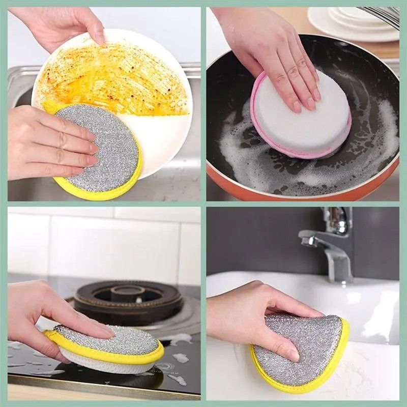5PCS Double Side Dishwashing Sponge,Multi-Purpose Kitchen Sponge Scrubber,  Round Pan Pot Dish Wash Sponges, Reusable Household Cleaning Tools Kitchen