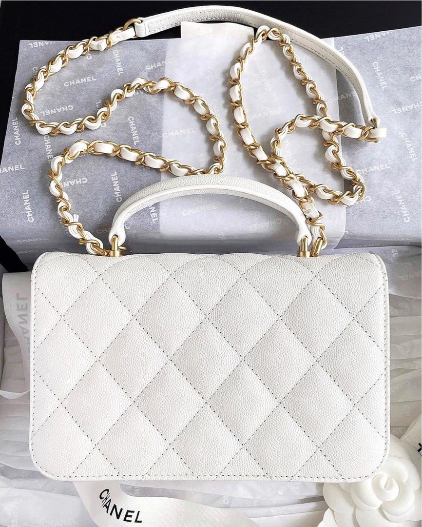 🆕 AUTHENTIC CHANEL 23B FLAP BAG WITH TOP HANDLE WHITE CAVIAR IN GOLD  HARDWARE