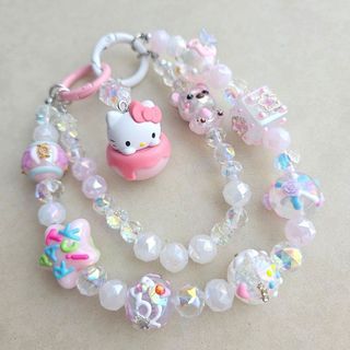 全新 SANRIO三麗鷗手作鋼絲立體彩繪串珠雙鏈雙扣環手機吊飾 鑰匙圈 Kitty正版公仔