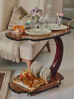 Absolutely Gorgeous 1980s Italian Marquetry Bar Cart  - #vintage#crystals#glasses# bar cart#trolley#brass#antique#mid century#Crate& Barrel#Taylor B# side table