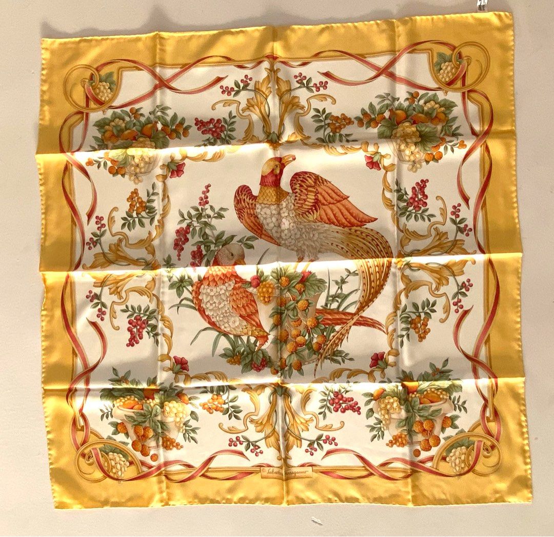 Authentic Vintage Salvatore Ferragamo large size Silk Scarf yellow bird motif