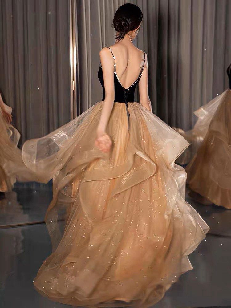 Gold silk cheap prom dress