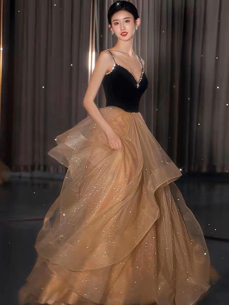 black gold long dress evening grown prom dress Women s Fashion