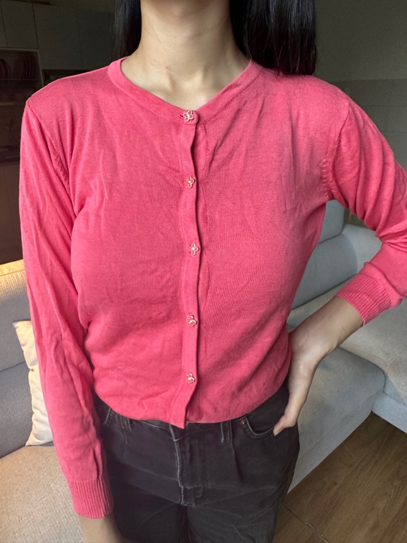 Cardigan pink salmon with cute flower buttons Women s Fashion