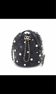 RARE RUNWAY PIECE Chanel Black Lambskin Leather Pearl Drawstring Bucket Bag