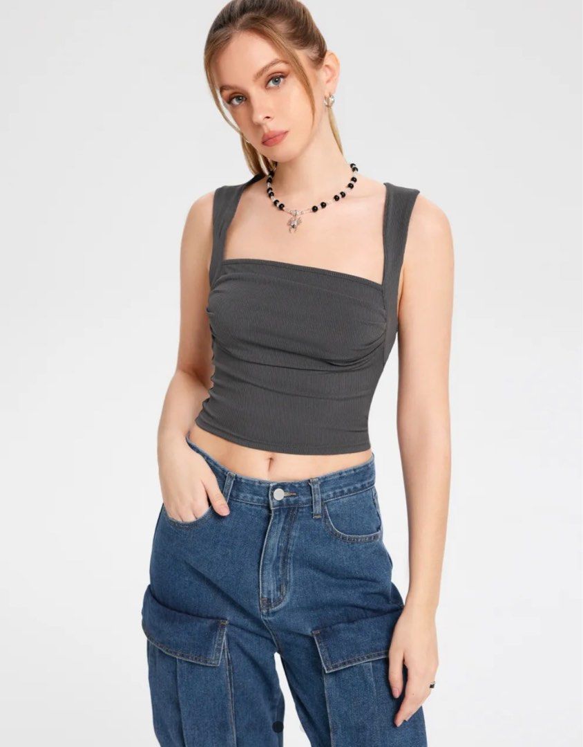 2 Pack Solid Ruched Square Neck Crop Top - Cider