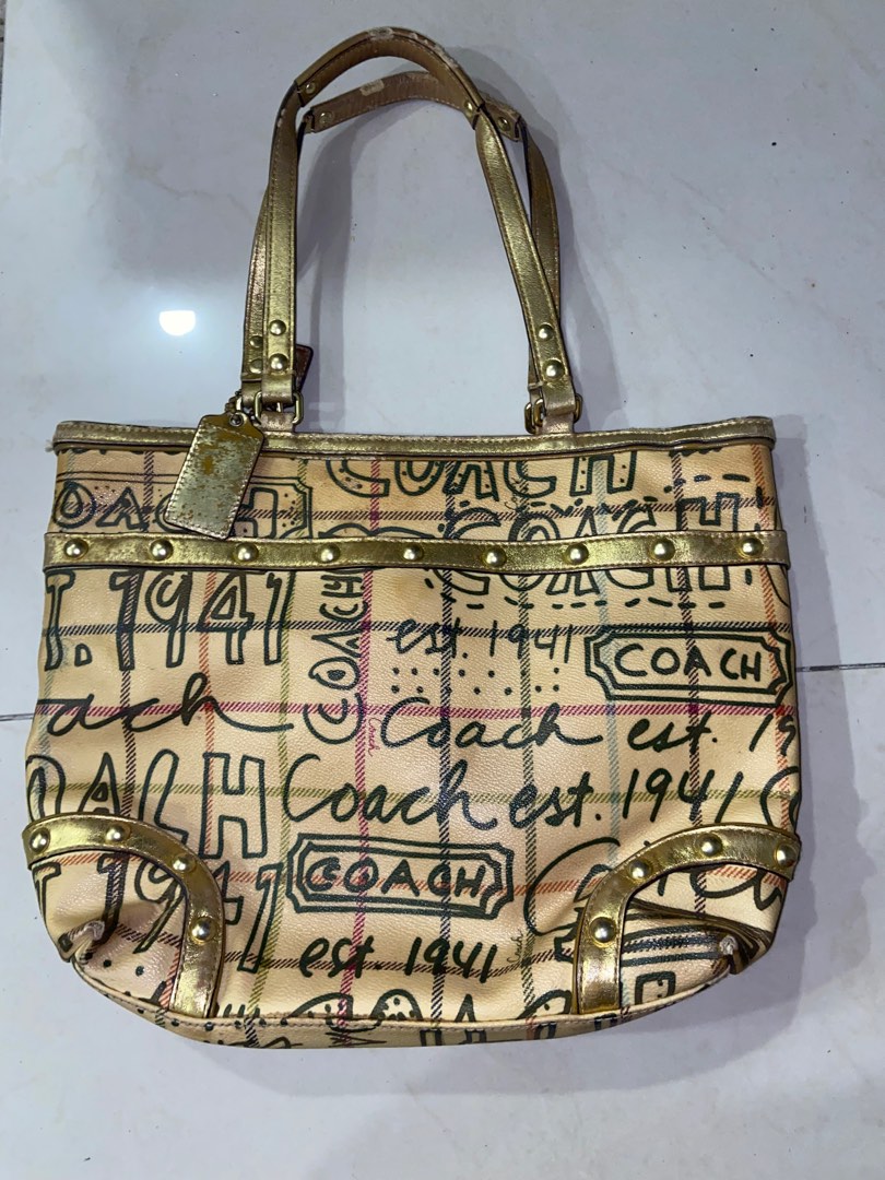 Authentic Coach Tattersall Graffiti Gold L0868-13188 Women's Purse Handbag  Tote
