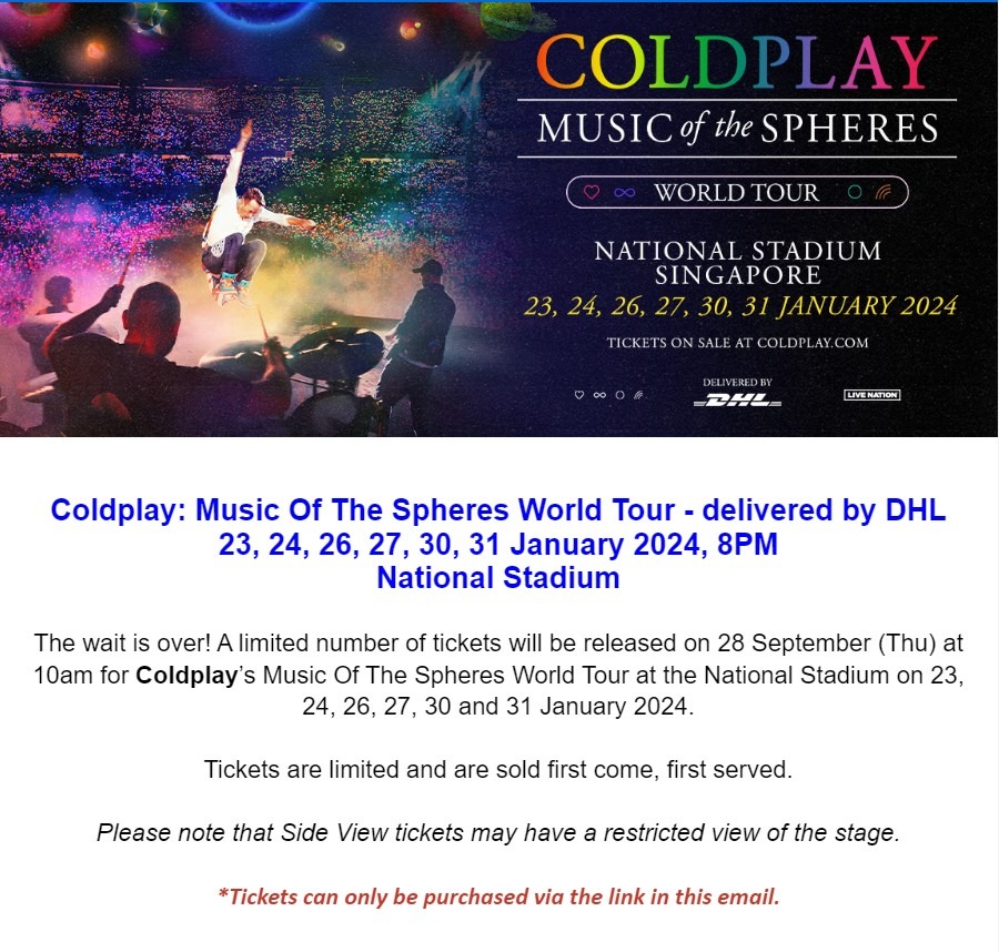 Coldplay World Tour Concert Singapore BYPASS LINK [Side View Ticket