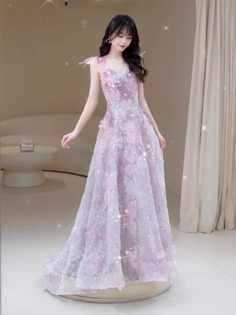 Purple floral prom clearance dress