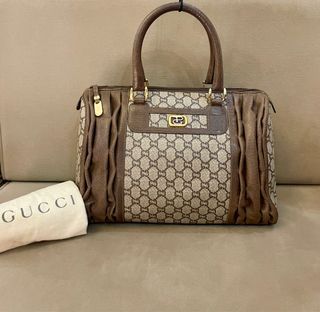 Authenticated Used Gucci Boston Bag Beige Brown GG Supreme 203516 PVC  Leather GUCCI Handbag Ribbon Women's Men's 