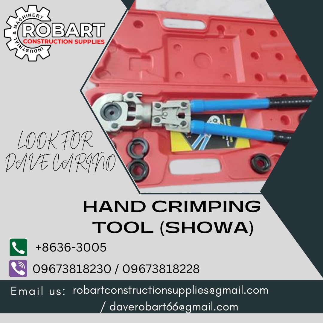 HAND CRIMPING TOOL (Category: Construction Tools & Equipment) located in Caloocan City. Submitted by gabo. (Listing ID 1257224644, Image 1). Description: SALE❗❗❗ SALE❗❗❗ SALE❗❗❗ HAND CRIMPING TOOL BRAND: SHOWA SIZE: 16-300mm2 LOOK FOR: Dave T. Cariño CP / VIBER: 09673818228 / 09673818230 LANDLINE #: 7746-6148 / 7002-2872 / 8636-3005 𝑹𝑶𝑩𝑨𝑹𝑻 𝑪𝑶𝑵𝑺𝑻𝑹𝑼𝑪𝑻𝑰𝑶𝑵 𝑺𝑼𝑷𝑷𝑳𝑰𝑬𝑺 📍 S&L BUILDING, 1ST & 2ND FLOOR, 1405 YUSECO ST, STA CRUZ, 