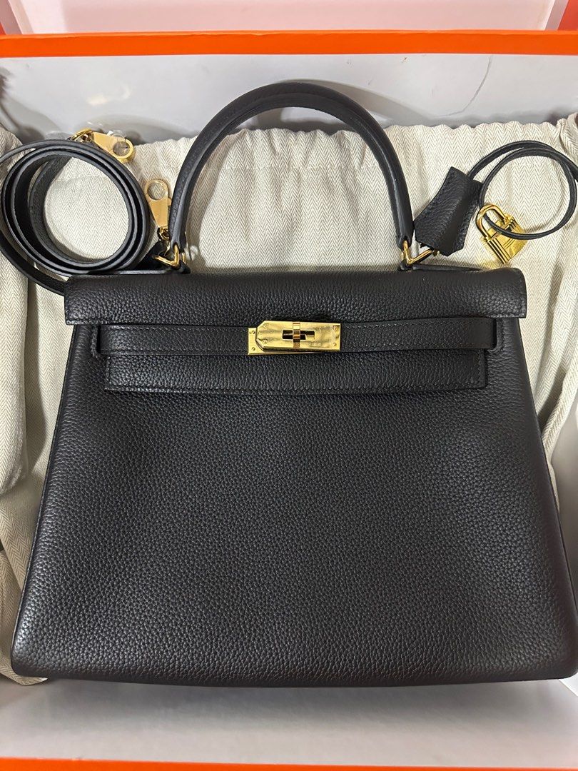 Hermes Kelly Handbag Noir Fjord With Gold Hardware 35 Black Auction