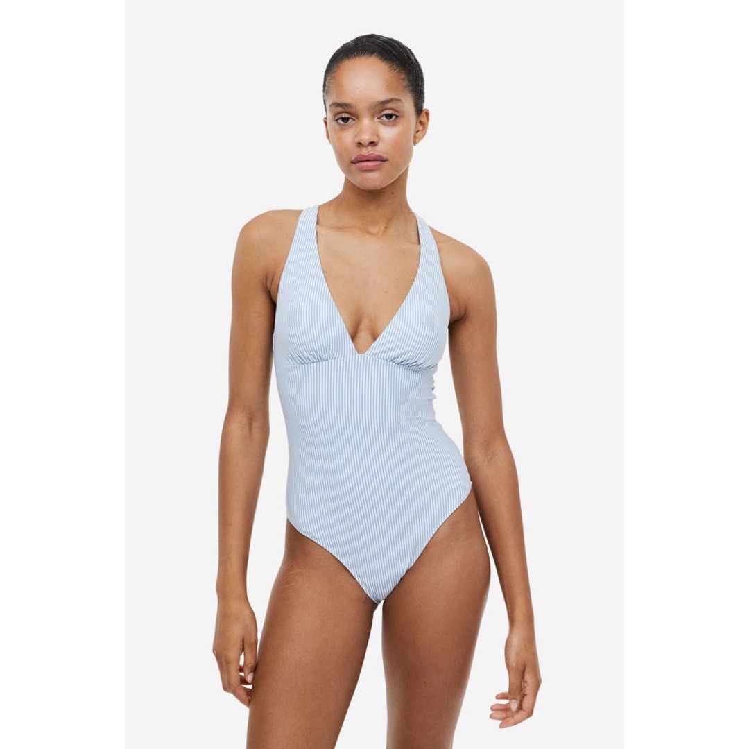 H M Padded Cup Swimsuit Light Blue Striped Women s Fashion Swimwear Bikinis Swimsuits on Carousell