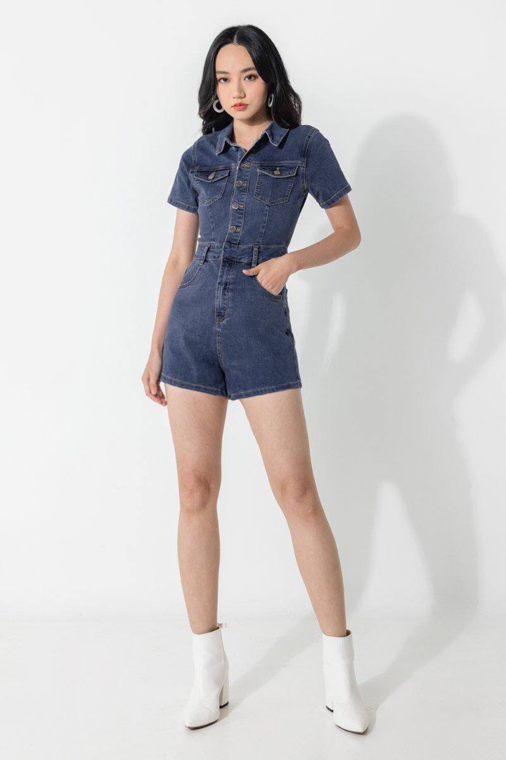 DOWNTOWN GAL DENIM SHIRT ROMPER (BLACK)