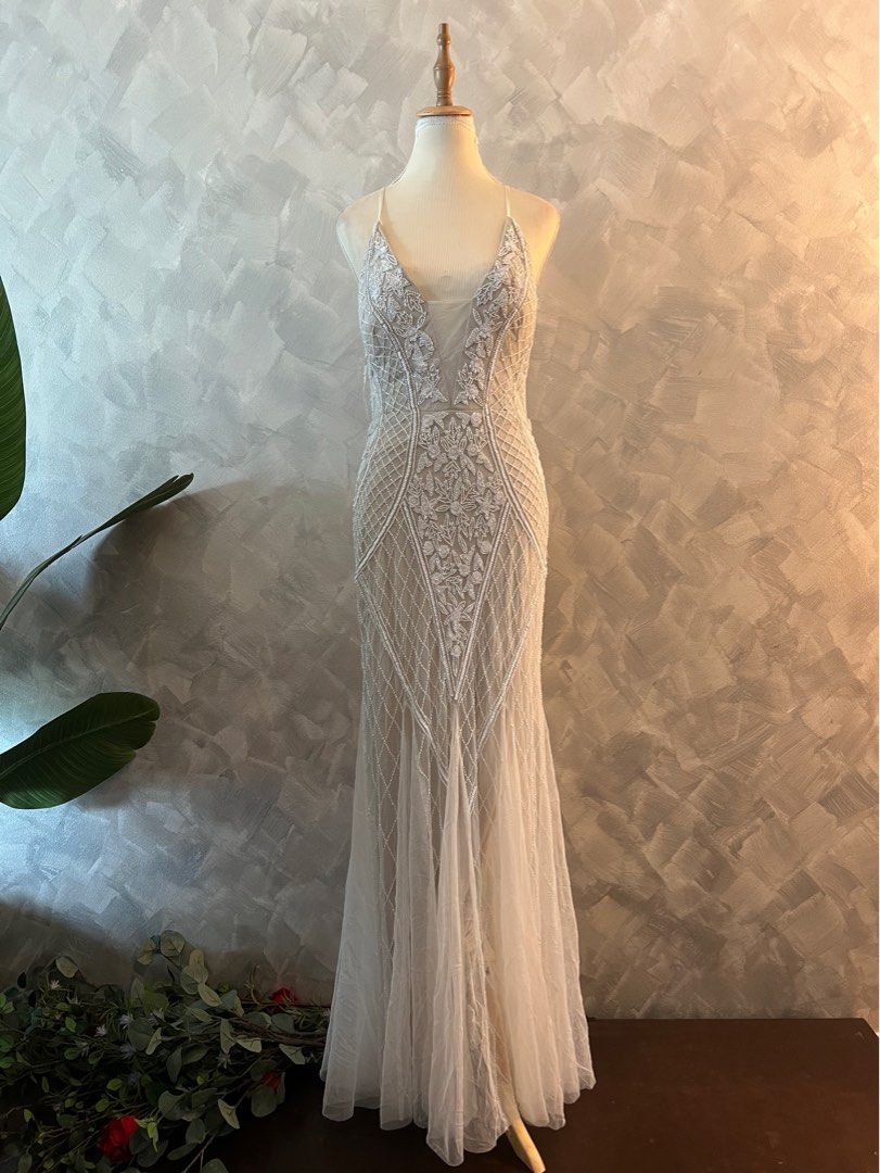 Champagne Beaded Gatsby Wedding Dress or Evening Gown in Pearls & Crystal  Embellishments in Champagne or Silver CHRYSALIS - Etsy