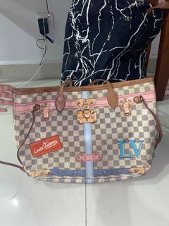 LV Louis Vuitton MM Neverfull Summer Trunks Pink Beige Tote Bag Handbag Vtg Vintage Rare