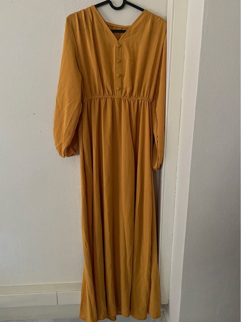 Mustard Long Dress, Women's Fashion, Muslimah Fashion, Dresses on Carousell