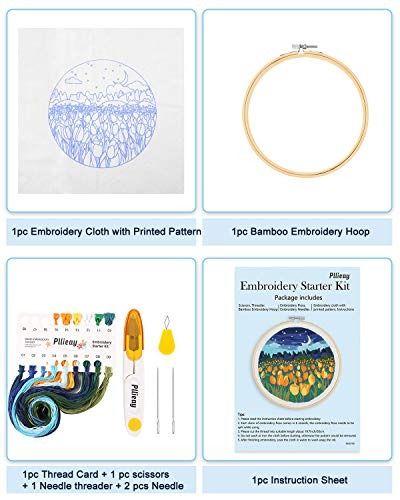 Embroidery Starter Kit with Pattern, Full Range of Stamped Embroidery Kit Including Embroidery Fabric with Pattern, Bamboo Embroidery Hoops, Color