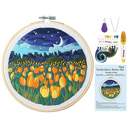 Embroidery Starter Kit with Pattern, Full Range of Stamped Embroidery Kit Including Embroidery Fabric with Pattern, Bamboo Embroidery Hoops, Color