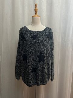 正韓SLINE 星星刺繡混灰色針織毛衣 寬鬆落肩款針織上衣