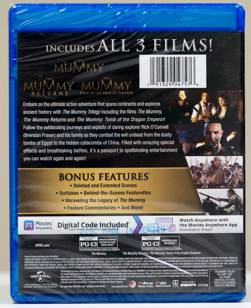 The Mummy Trilogy Blu-ray (Category: CDs & DVDs) located in Mandaluyong City. Submitted by bernartem (Listing ID 1257253346, Image 3). Description: Brand new and sealed Authentic and original US version 3-Disc Set 1. The Mummy (1999) 2. The Mummy Returns (2001) 3. The Mummy: Tomb of the Dragon Emperor (2008).