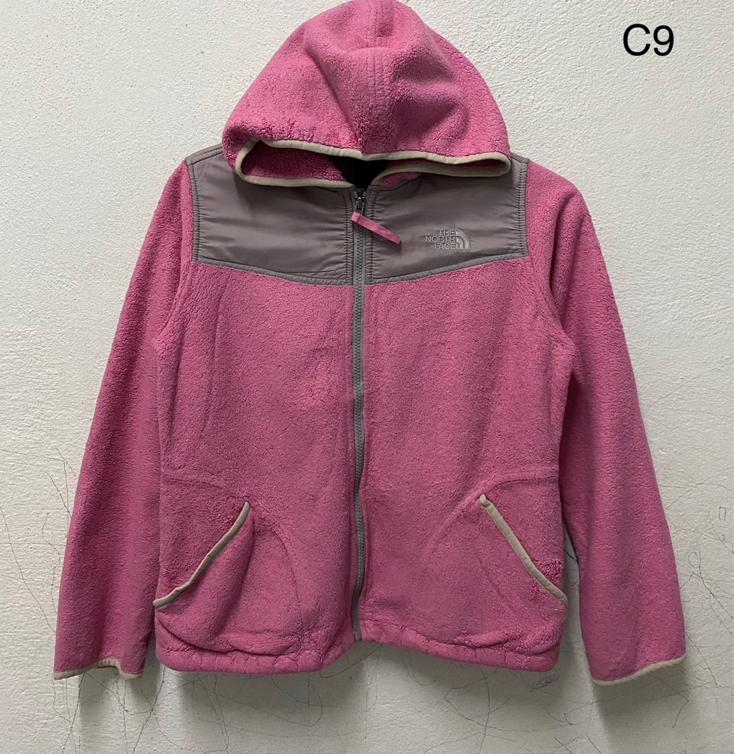 Pink fuzzy top north face jacket