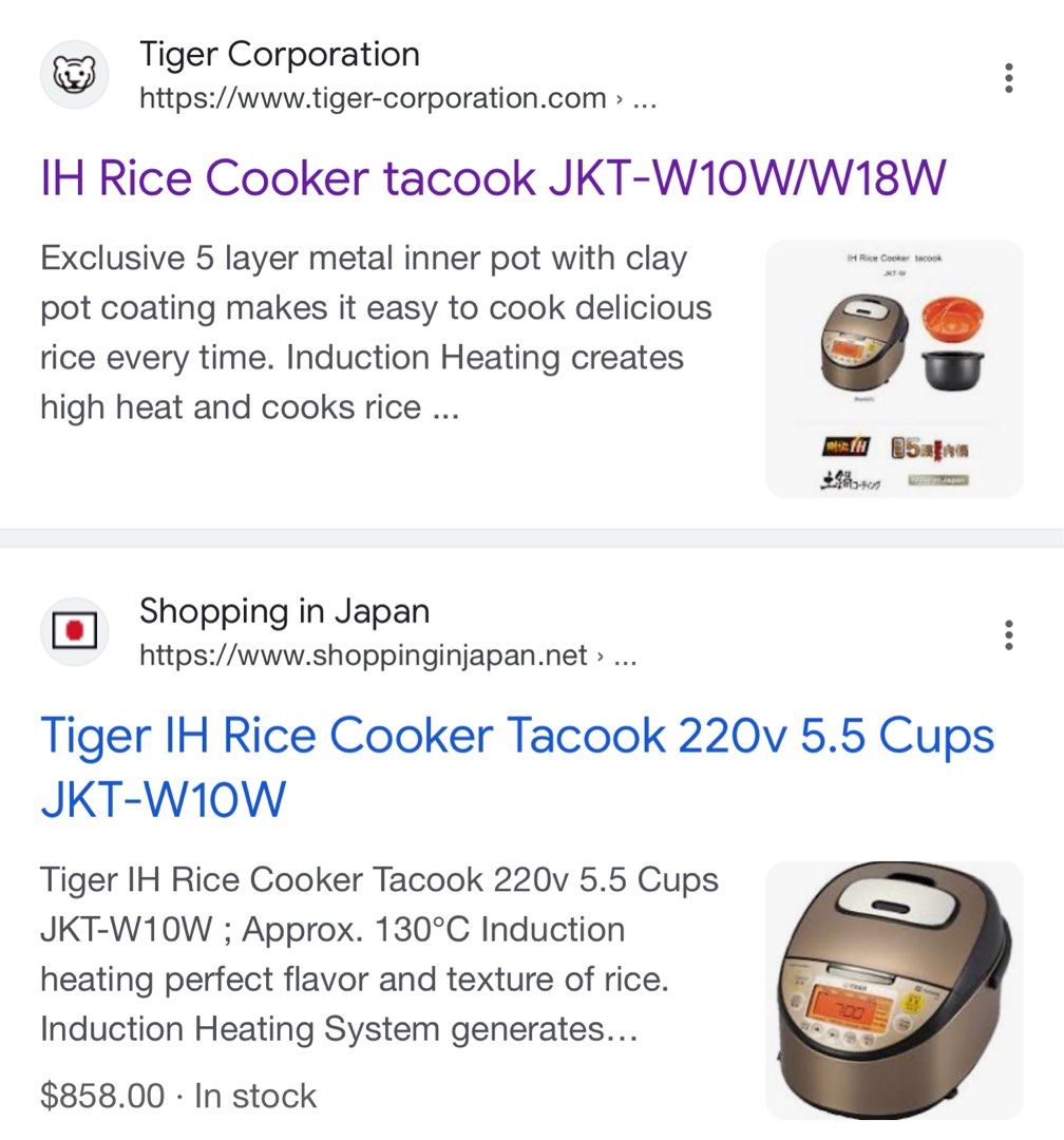 Tiger IH Rice Cooker 10 Cups JKT-W18W