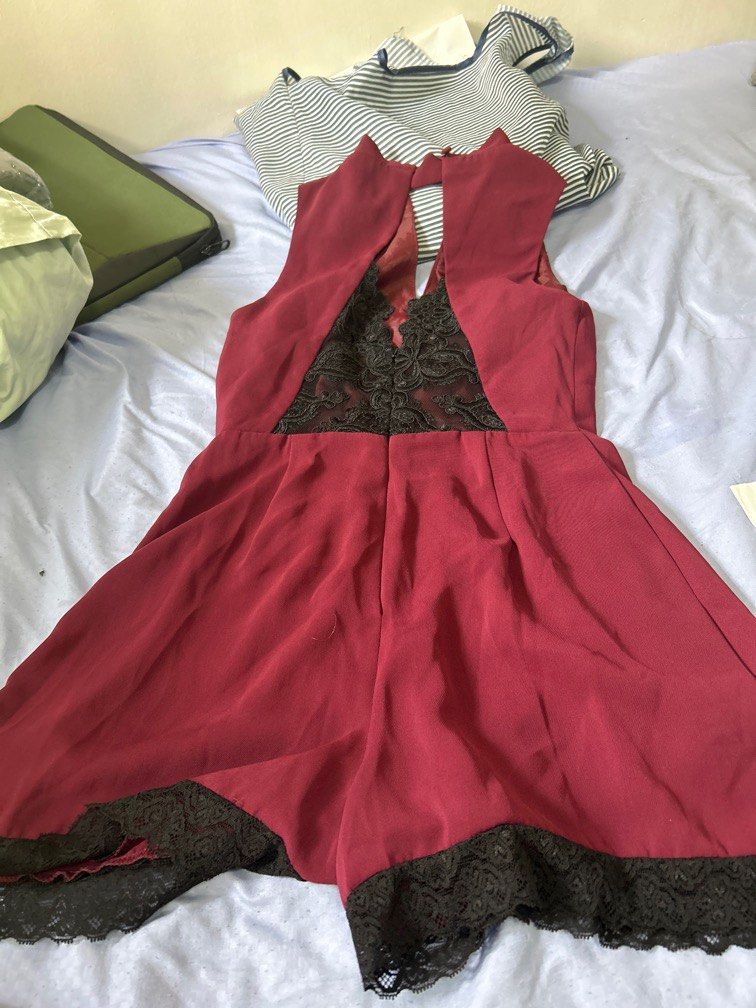 Maroon lace romper dress hot sale