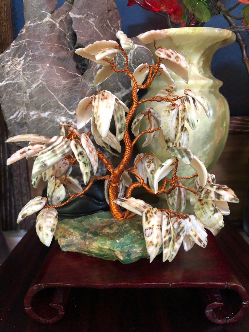 Bonsai Shell Vintage Bonsai Tree Mother of Pearl Shell Leaf on Adventurine Stone ...