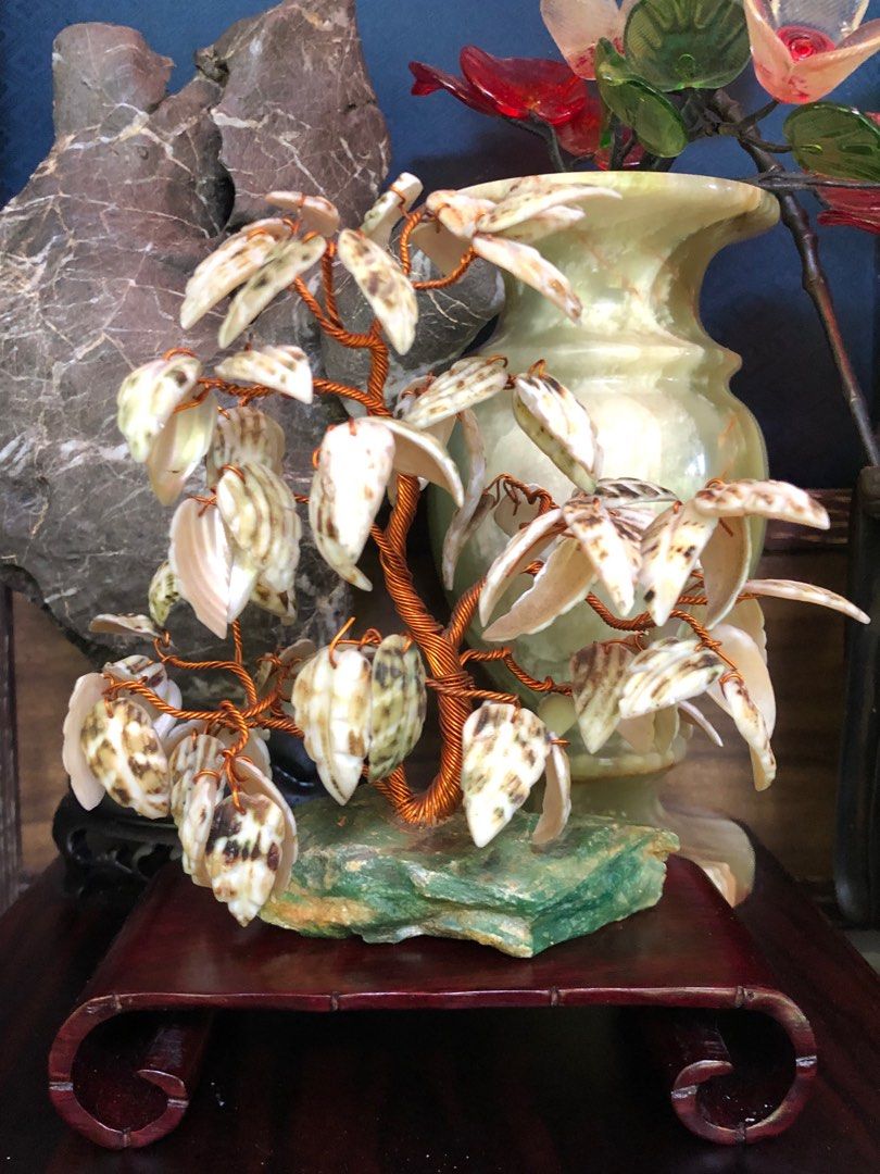 Bonsai Shell Vintage Bonsai Tree Mother of Pearl Shell Leaf on Adventurine Stone ...