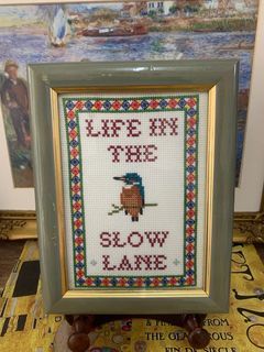 Vintage Cross stitch “ Life In The Slow Lane” with Matching wooden Frame 6”x8” England