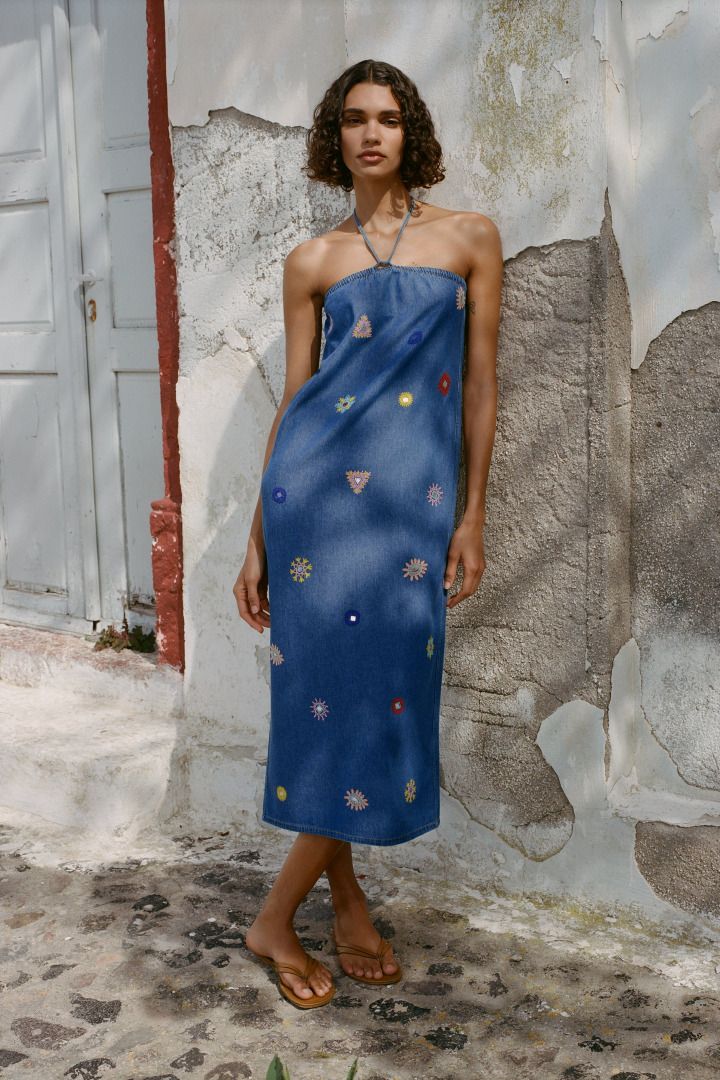 Zara Embroidered Denim Midi Dress